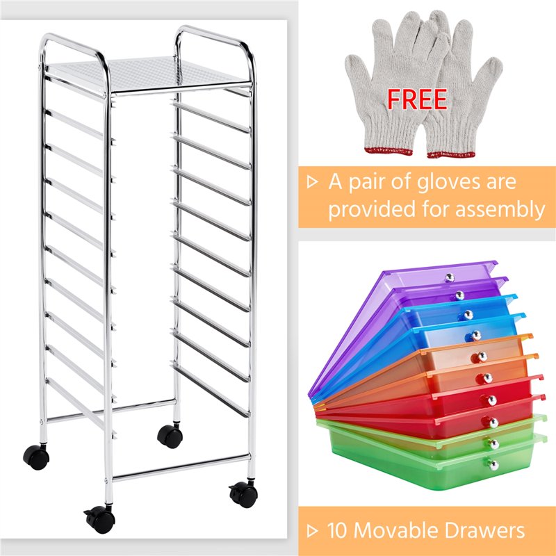 10-Drawer Rolling Storage Cart with Wheels - Multi-Color Home Office Organizer