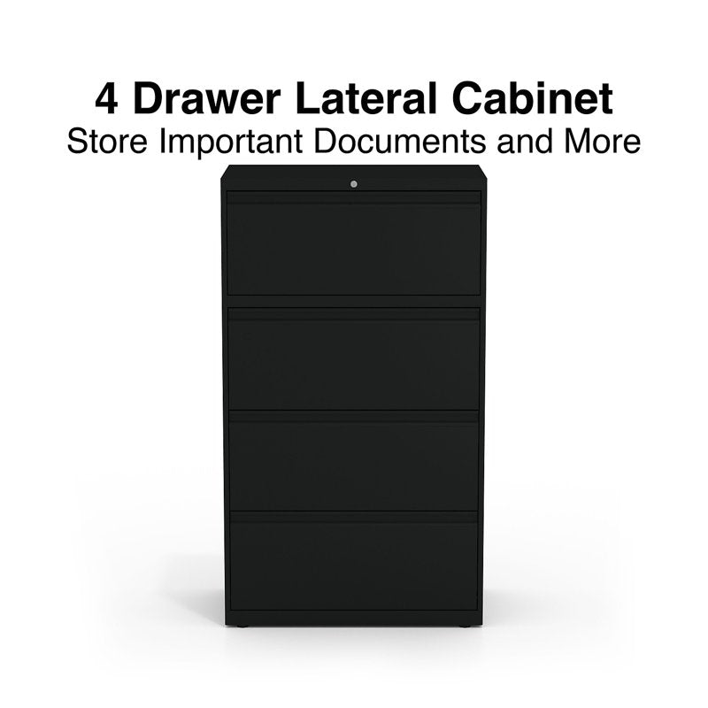 30-Inch Wide 4-Drawer Lateral File Cabinet - Black, Heavy-Duty Metal