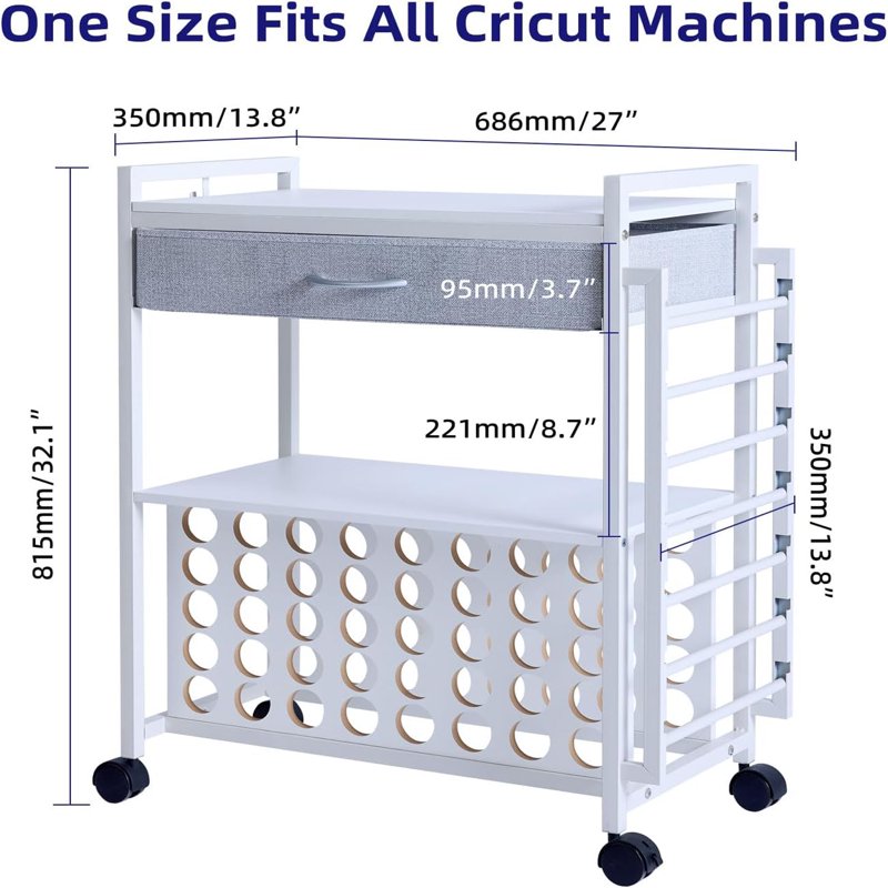 Rolling Craft Storage Cart with Vinyl Roll Holders for Cricut Machines - Black or White