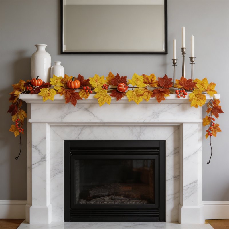 Artificial Fall Maple Leaf Garland with Mini Pumpkins for Thanksgiving Decor - 78 Inch