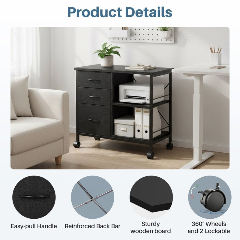 Mobile File Cabinet with 3 Fabric Drawers and Open Shelf - Black, White, Rust