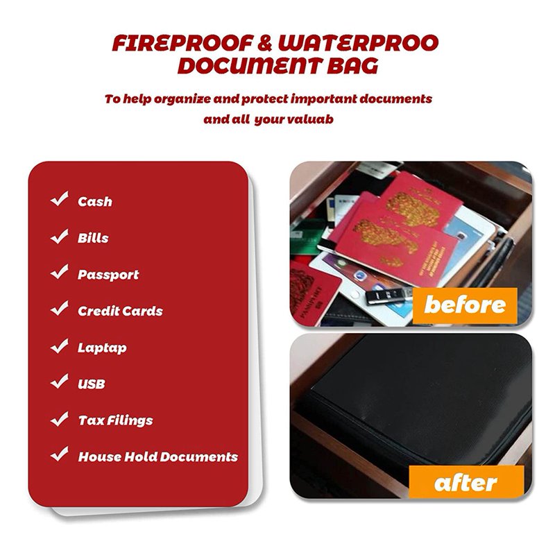 Fireproof Waterproof Document Safe with Lock and Money Bag Set
