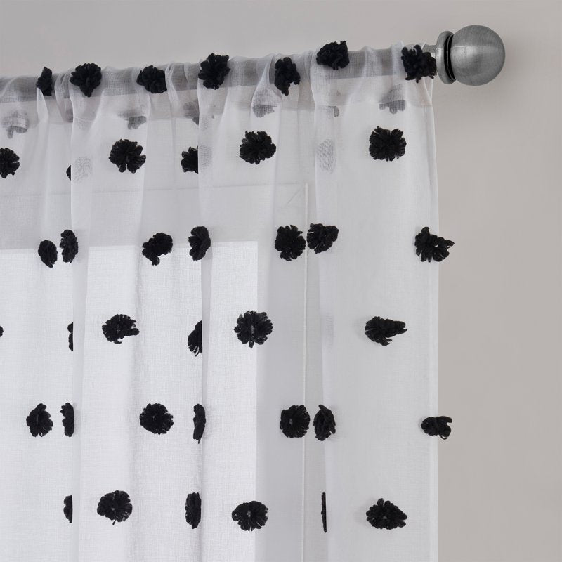 Clipped Pom Sheer Curtain Panel - White & Black, Light-Filtering, 38x84 in