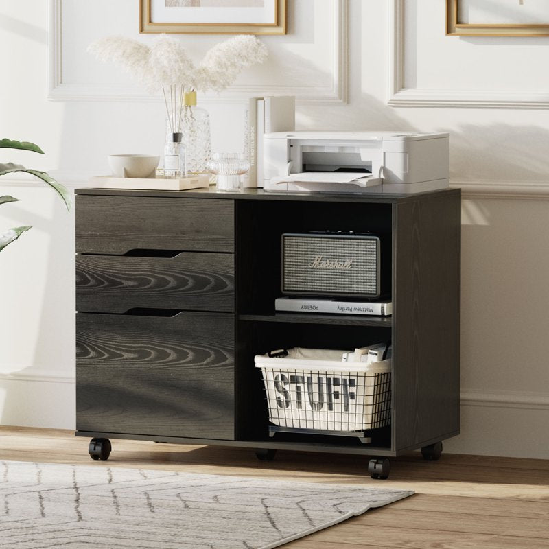 3-Drawer Mobile File Cabinet with Open Shelves and Wheels for Office Storage