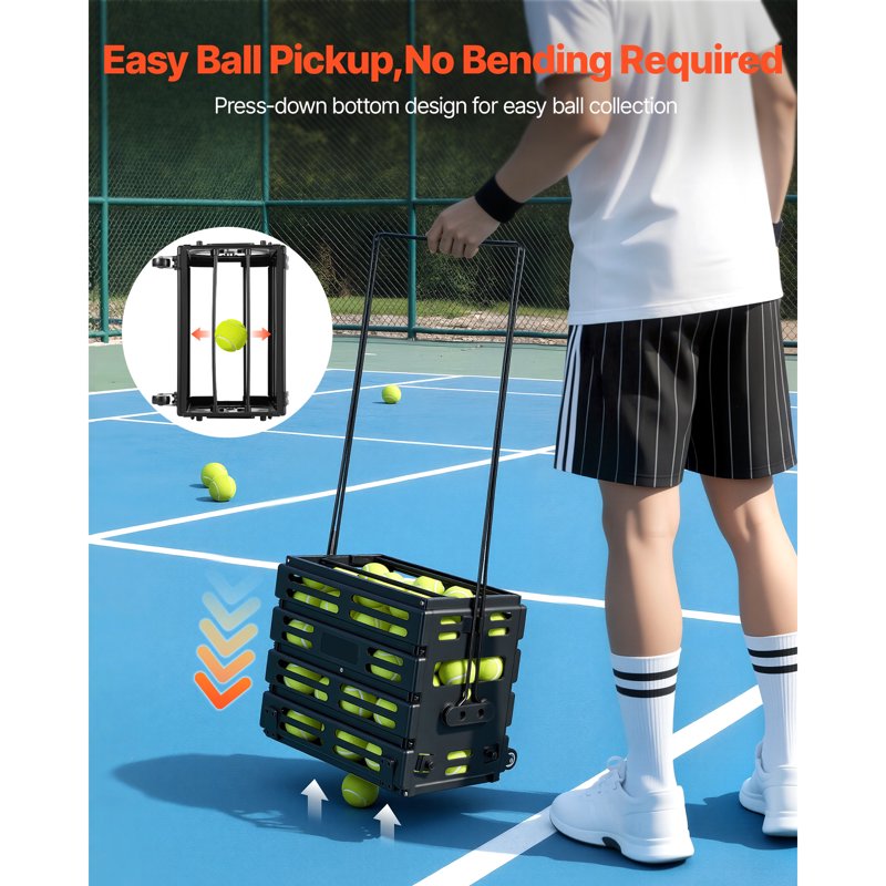 Portable Tennis Ball Hopper with 80-Ball Capacity, Folding Pickleball Basket Cart with Wheels for Training & Storage
