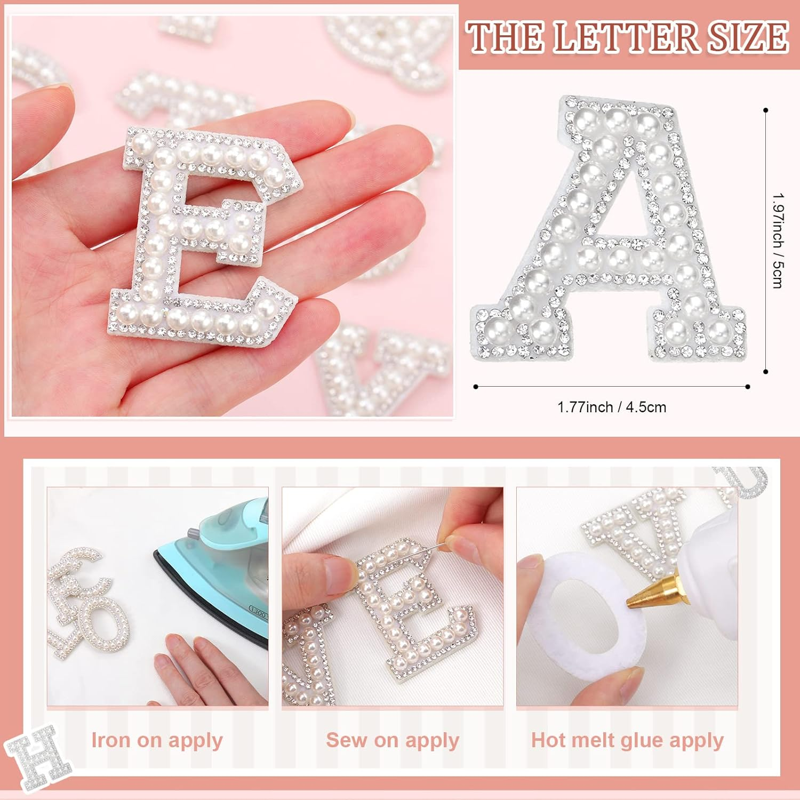 Pearl Rhinestone Letter Patches 26-Pack Self-Adhesive Fabric A-Z Stick-On Embellishments