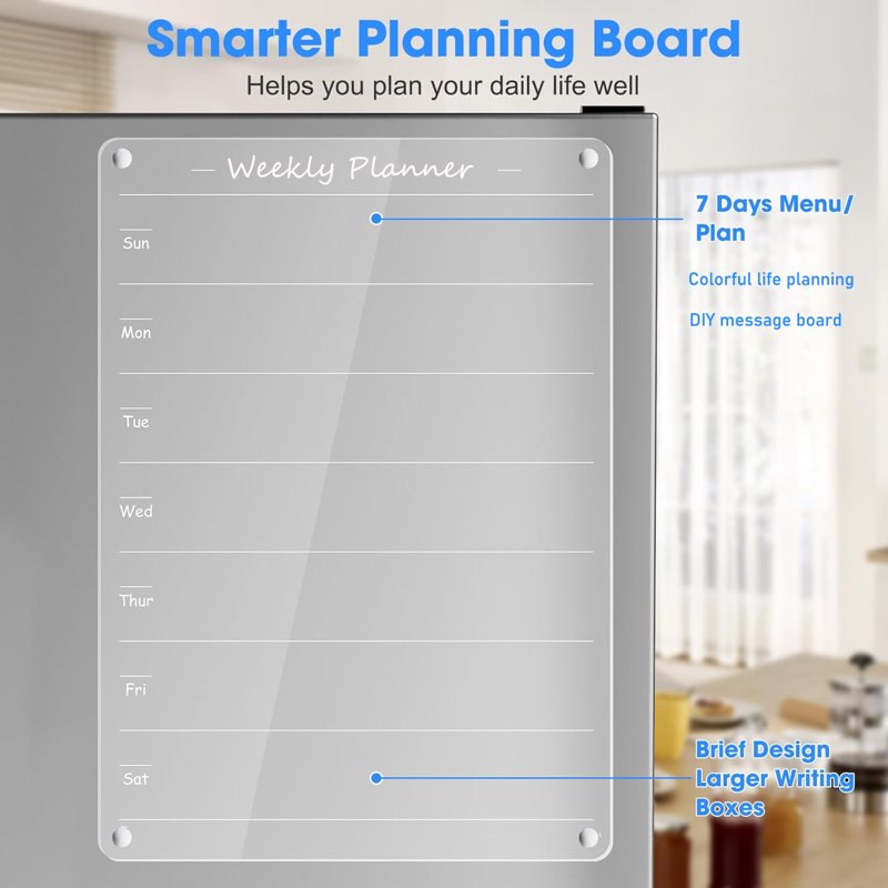 Magnetic Weekly Meal Planner Board for Fridge with Markers - Clear Acrylic Kitchen Organizer