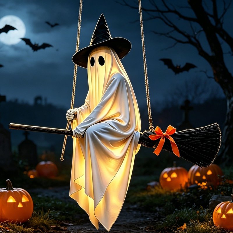Lighted Flying Ghost Halloween Decoration for Outdoor & Indoor Use - 5 Ft Spooky Ghost with Witch Hat & Broomstick