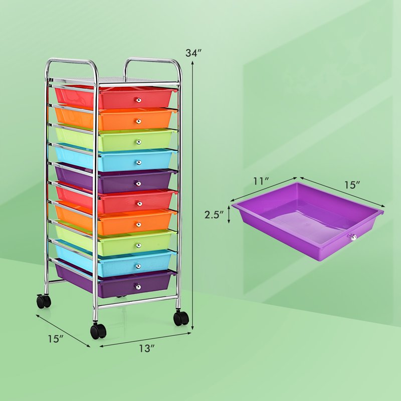 Rolling Storage Cart with 10 Colorful Drawers - Office, Home & School Organizer