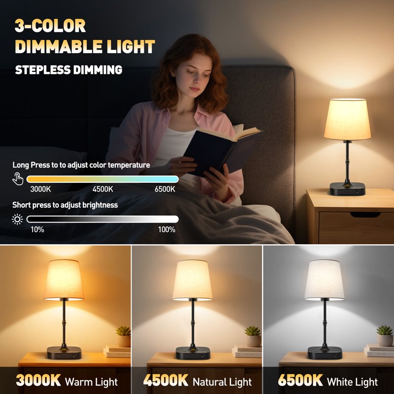 Cordless Dimmable Bedside Table Lamp with USB Port & Fabric Shade