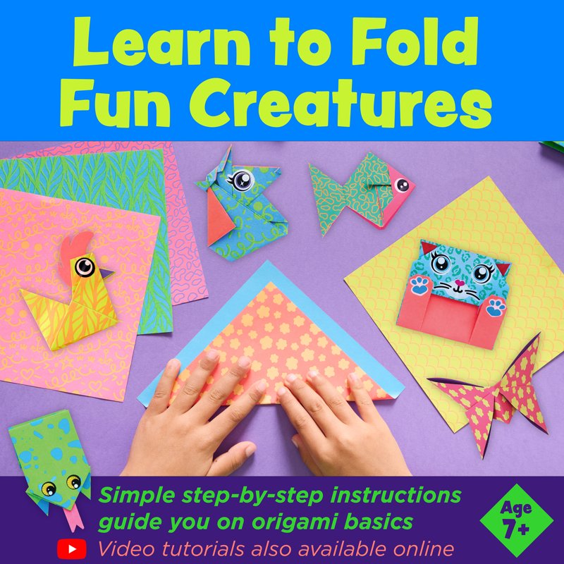 Kids Origami Craft Kit with Bright Double-Sided Paper & Stickers - Ages 7+