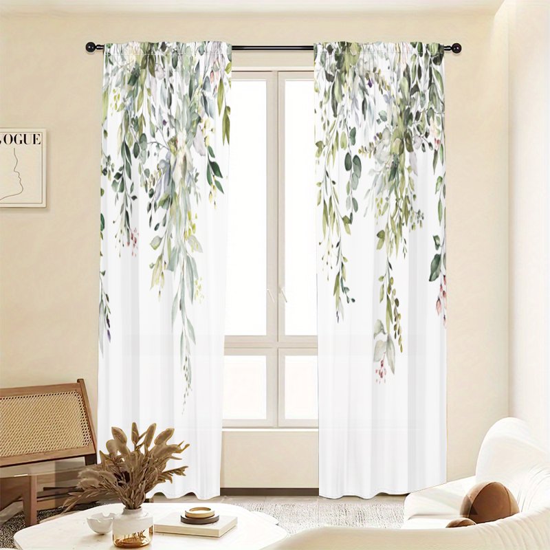 Green Leaf Pattern Light-Filtering Curtains Set of 2