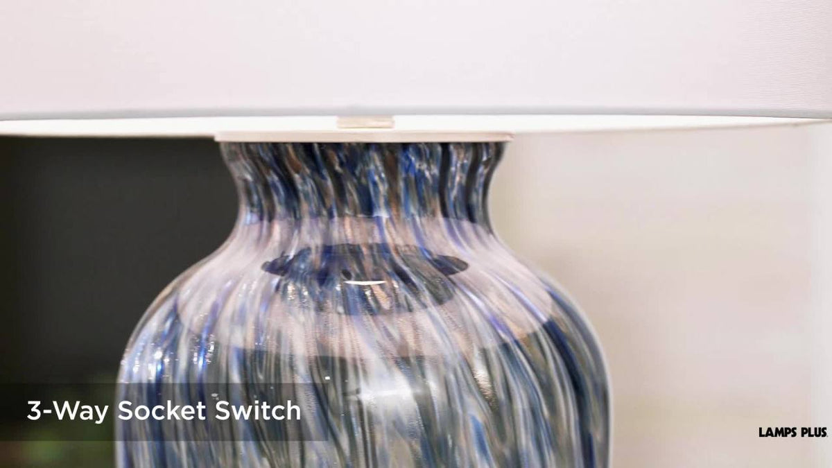 Modern Blue Glass Table Lamp with White Drum Shade - 27.75 Inch