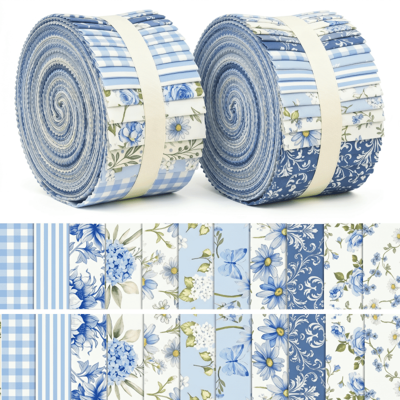 84-Piece Jelly Roll Fabric Strips Bundle for Quilting and Sewing - Blue Floral & Plaid Designs with Wavy Edges