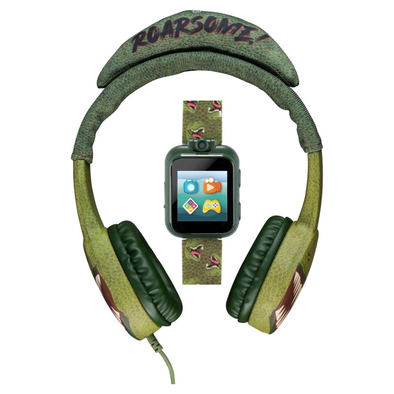 Kids Headphones and Smartwatch Set - Green Rex Roarsome Print