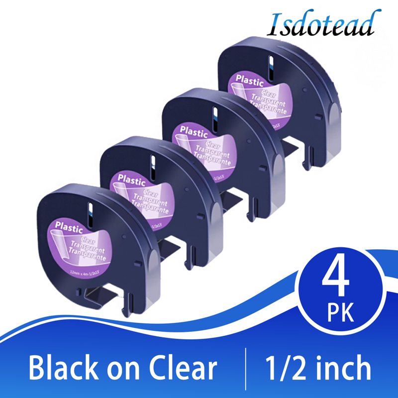 4 Pack Compatible Label Tape for Dymo LetraTag 12mmx4m Transparent Plastic Refills