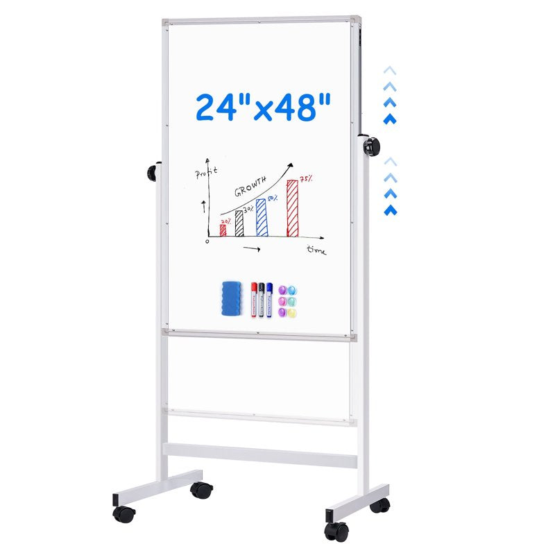 Adjustable Magnetic Whiteboard on Wheels - 48 x 24 Double-Sided Mobile Easel for Office & Classroom