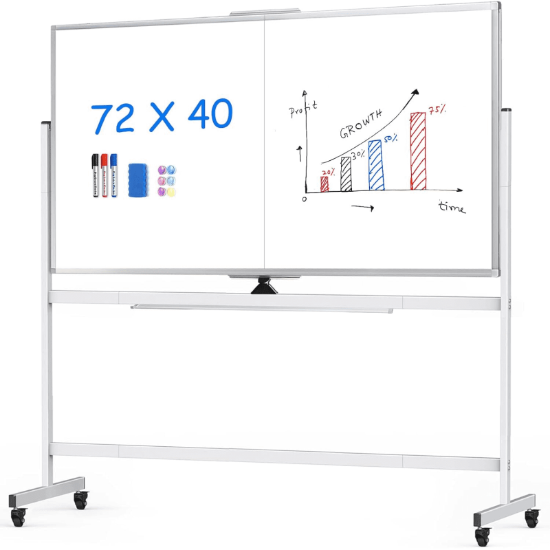 Large Double-Sided Mobile Whiteboard on Wheels - 72x40 Inches, Magnetic Dry Erase, Adjustable Stand for Office, School, Home