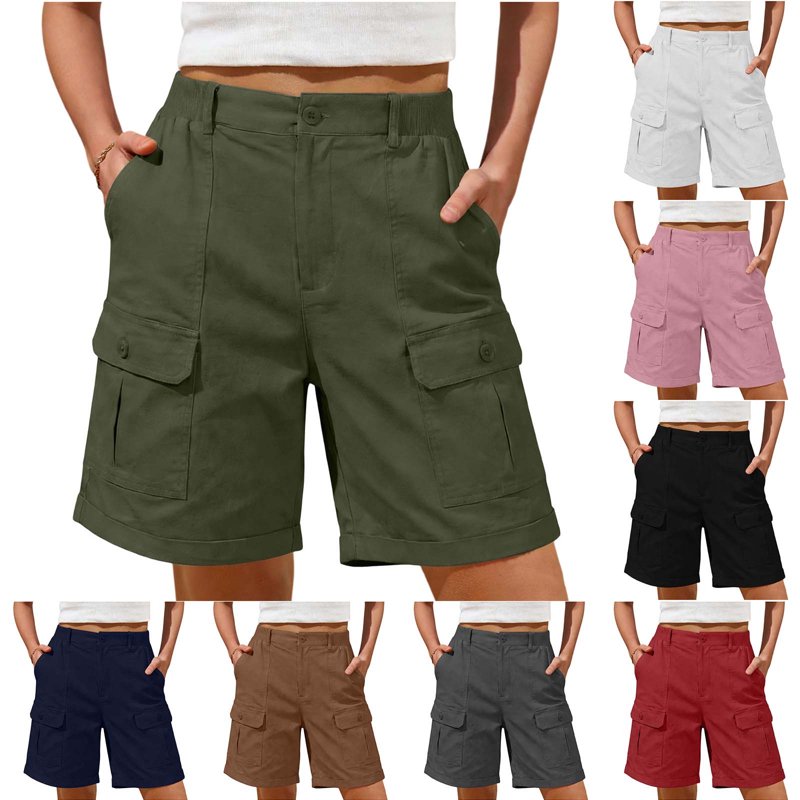 Women's Cargo Shorts with High Waist & Pockets - Summer Casual Twill Shorts
