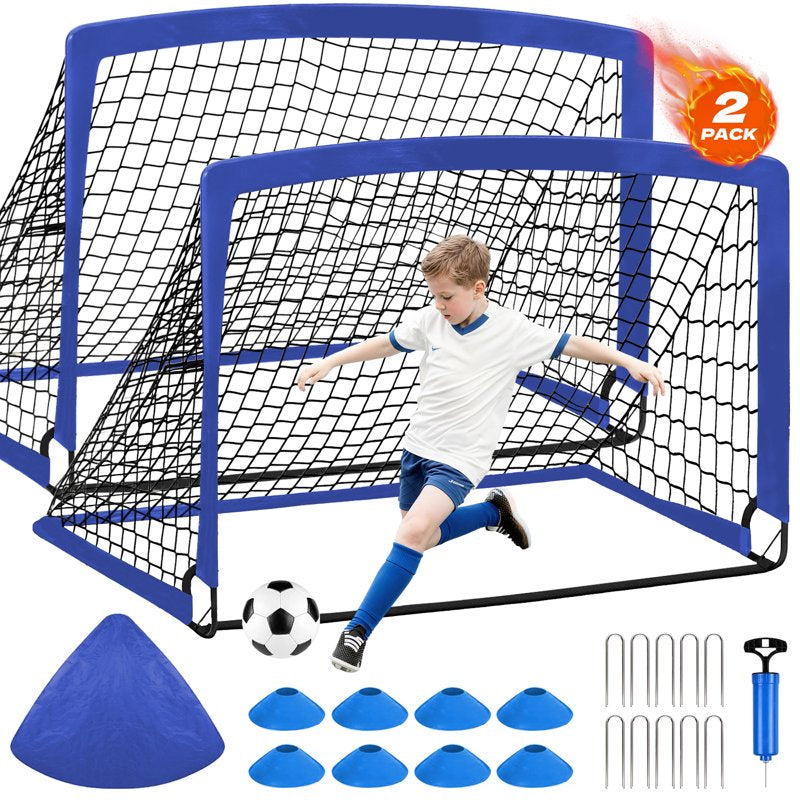 4x3ft Portable Folding Soccer Goals Set for Backyard Kids 2 Pack Blue