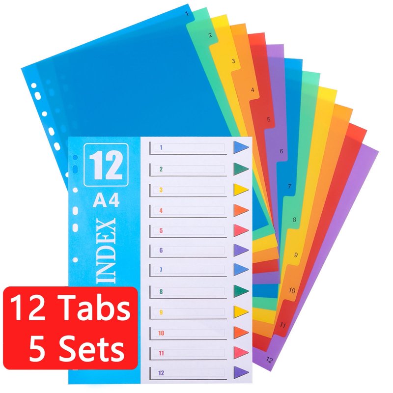 60-Tab Binder Dividers Set with 12 Color-Coded Tabs for 3-Ring Binders, Waterproof Plastic Office & School Supplies