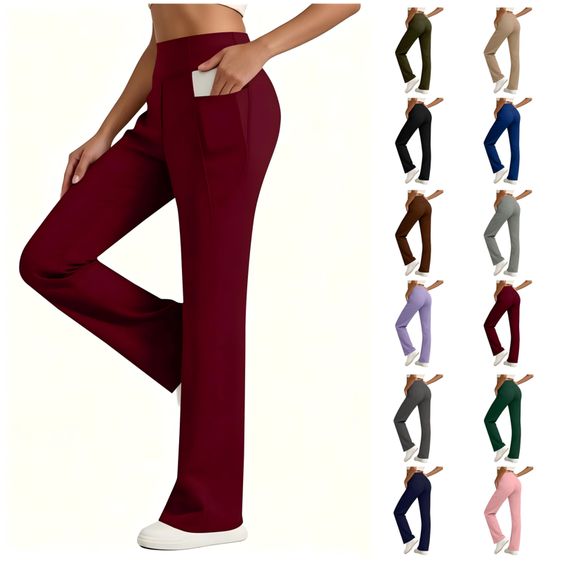 Women’s High Waist Yoga Pants with Pockets - Casual Gym Trousers, Elastic Solid Bottoms