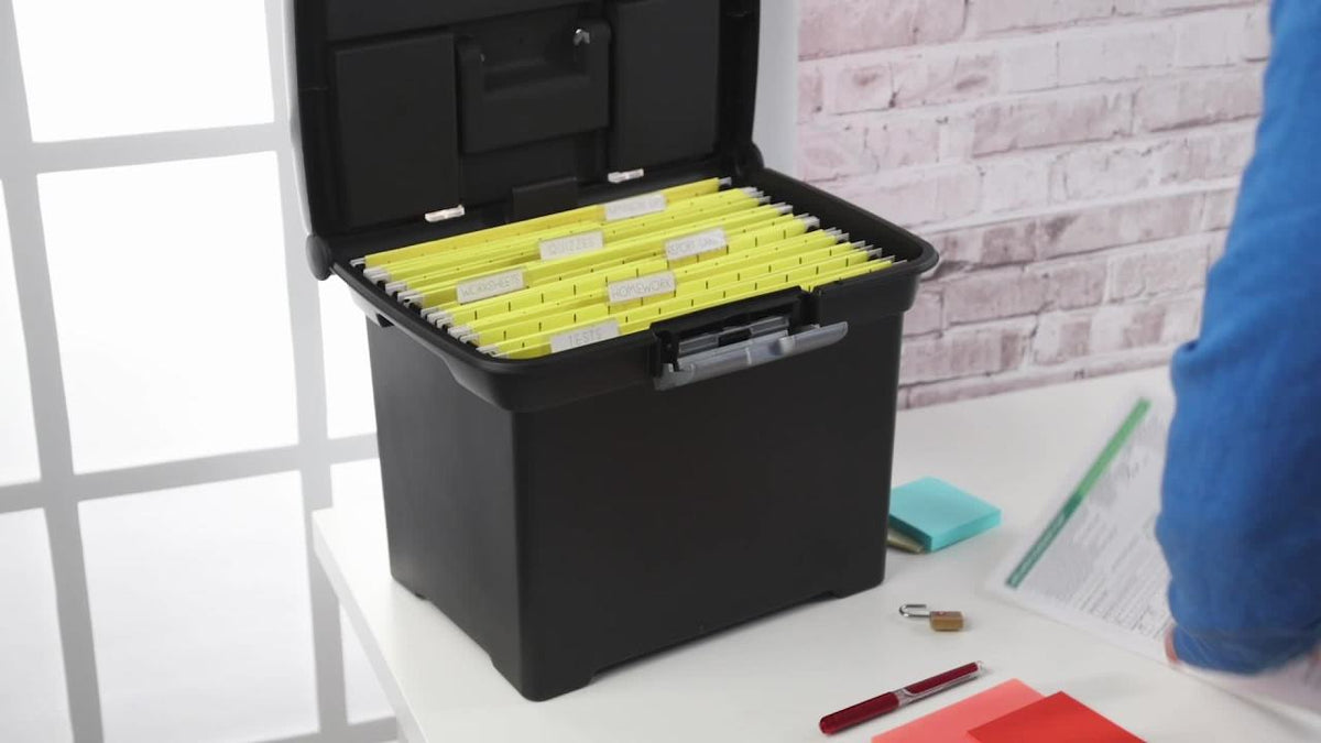Portable File Box with Handle & Divided Lid for Letter-Sized Documents - Black