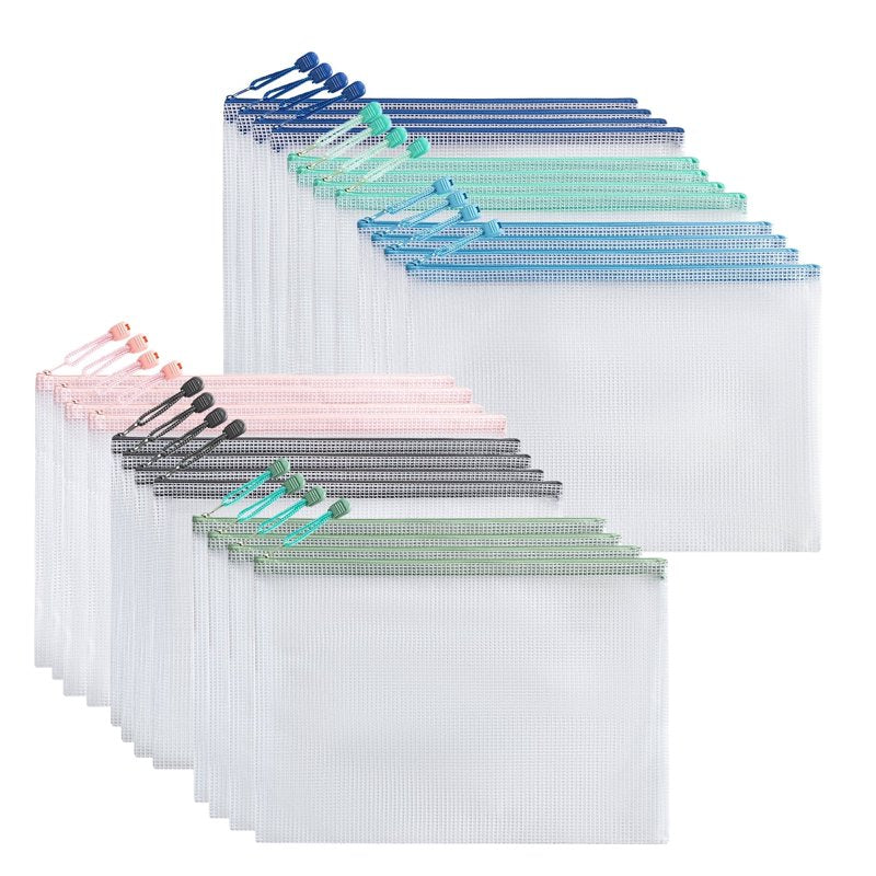 Mesh Zipper Pouch Bags Set - Waterproof A4 File Organizer for Travel School Office